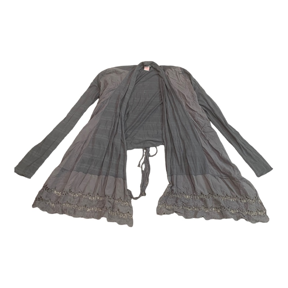 Y2k Flying Tomato Gray Cardigan with Stripes & Embroidered Designs, Size L